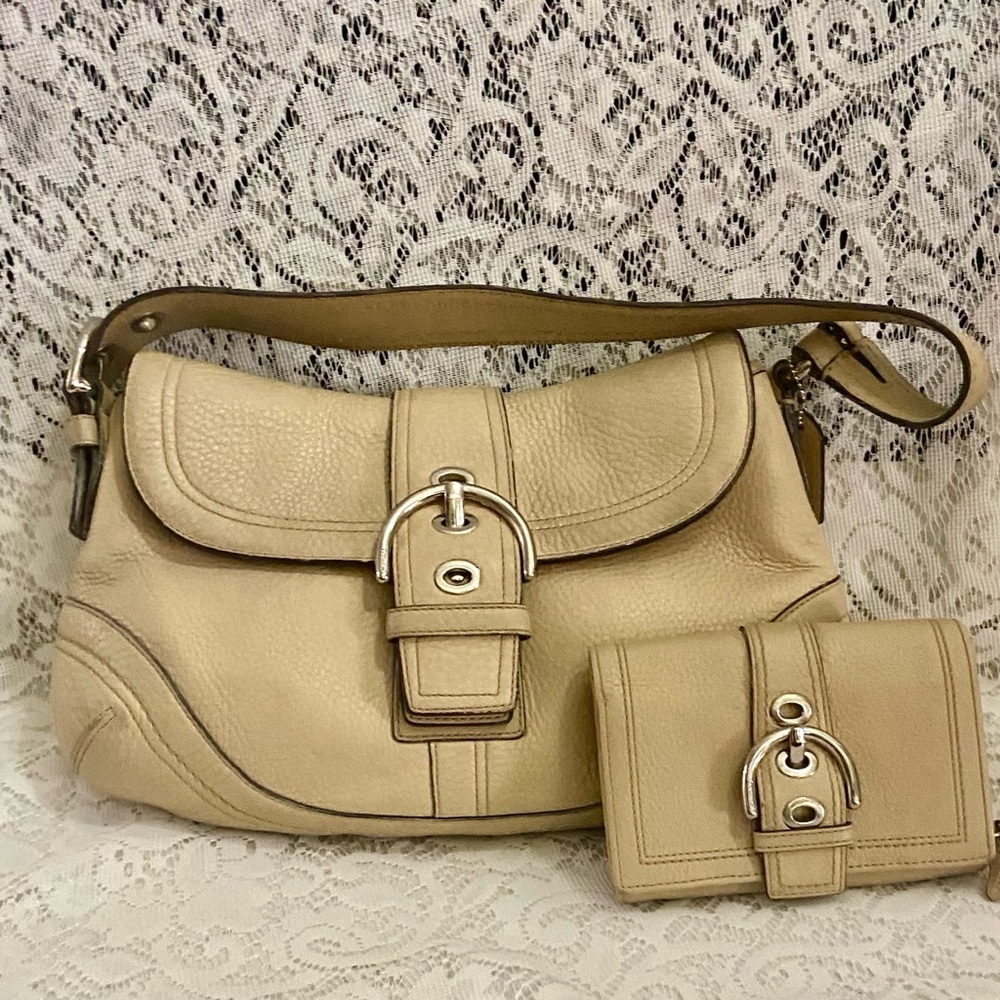 Coach- 10910 Soho Beige Pebble Leather Shoulder Bag with Matching Wallet